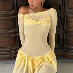 Yellow Hollow See-through Pleated Long Sleeve Mini Dress