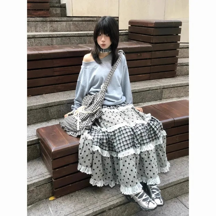Women's black plaid and polka dot lace patchwork ruffles A-line maxi skirt.

