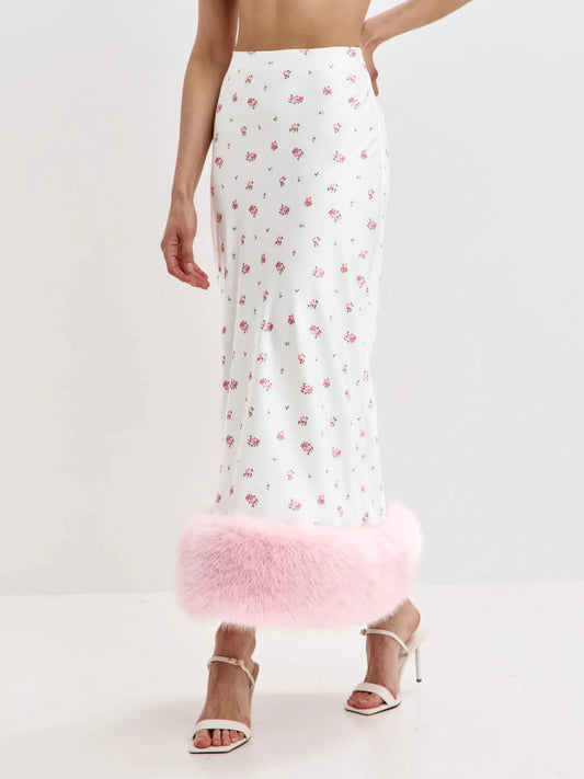 Floral Print Satin Faux Fur Trim Midi Skirt