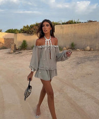 Grey Off Shoulder Ruffle Sequin  Drawstring Waist Mini Dress