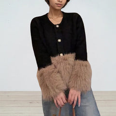 Pink O-Neck Patchwork Plush Knitted Cardigan