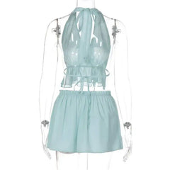 Blue Mesh Open Back Halter Crop Top And Mini Skirt Set