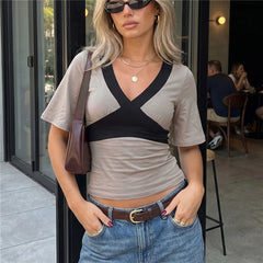 Contrast Colour Cross V-Neck Short Sleeve Crop Top