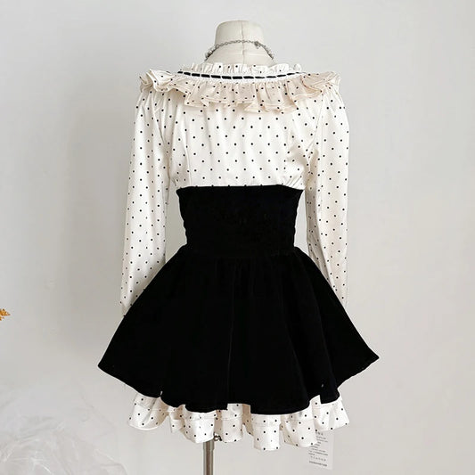 Satin Polka Dot Square Collar Long Sleeve Black Mini Dress