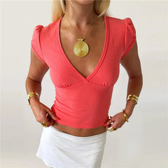 Puff Short Sleeve  V-Neck Top