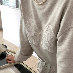 Grey Lace Bow Patchwork Sweatshirt