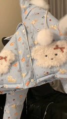 Blue Printed Puff Teddy Hooded Parka Jacket