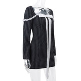 Black Stripe Long Sleeve Bow Mini Dress