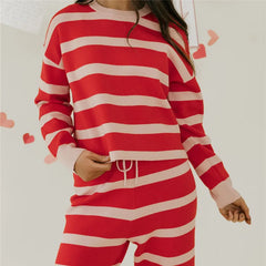 Striped Knit Crew Neck Long Sleeve Top And Drawstring Wide Leg Pants Set