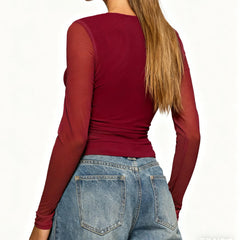 Red Crystal Appliques Long Sleeve Top