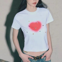 White Love Shape Print Crop Top