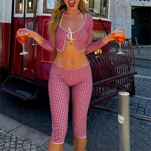 Red Plaid Long Sleeve Tie Front Crop Tops + Low Waist Capris Pants Set
