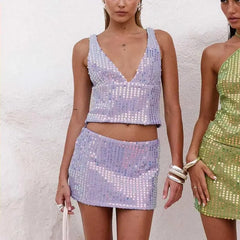 Purple Sequin Sleeveless Crop Tops With Mini Skirt Set