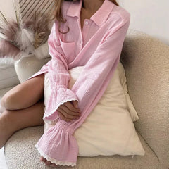 Pink Ruffle Trim Long Sleeve Shirt And Shorts Sleepwear Set