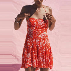 Red Printed Halter Strap Mini Dress