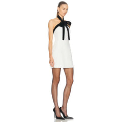 White Solid Black Bow Strap Mini Dress