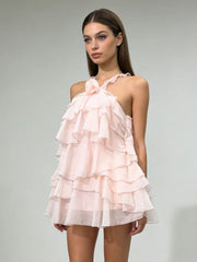 Halter 3D Flower Tiered Ruffle Mini Dress