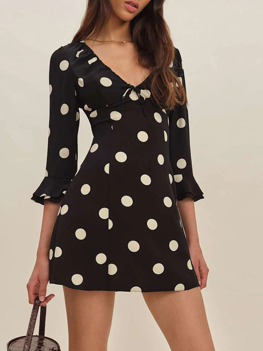 Black Polka Dot Print Three Quarter Sleeves Mini Dress