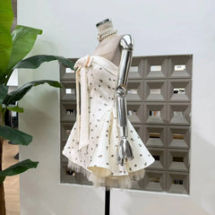 White Satin Floral Strapless Bow Tulle Hem Mini Dress