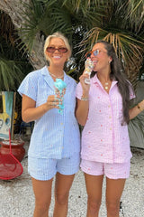 Striped Heart Short Sleeve Top And Shorts Sleepwear Set