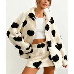 Heart Print Fuzzy Fleece Zip Up Jacket