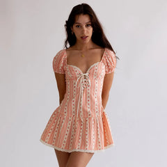 Pink Stripe Print Puff Sleeve Mini Dress