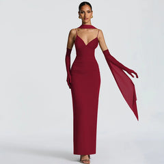 Strappy Solid V-Neck Maxi Dress With Scarf