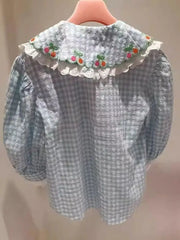 Plaid Peter Pan Collar Puff Sleeve Embroidery Blouse