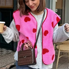 Heart Print Fuzzy Sleeveless Vest