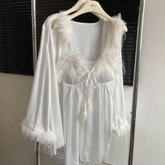 Feather Fur Trim Cami Nightdress And Bathrobe Gown Sleepwear Set