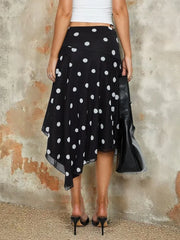 Black Polka Dot Printed Irregular Split Midi Skirt