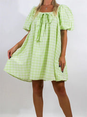 Plaid Bodydoll Puff Sleeve Mini Dress