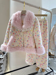 Colorful Polka Dot Fur Trim Short And Pants Loungewear Set