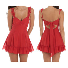 Ruffle Strap Back Tie Up Babydoll Mini Dress