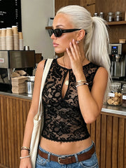 Lace  Keyhole Neck Cut Out Tank Top