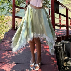 Satin Lace Trim Irregular Hem Midi Skirt