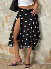 Black Polka Dot Printed Irregular Split Midi Skirt