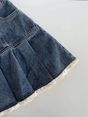 Lace Patchwork High Waist Pleated Denim Mini Skirt