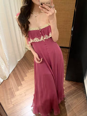 Pink Ruffle Lace Trim Maxi Dress