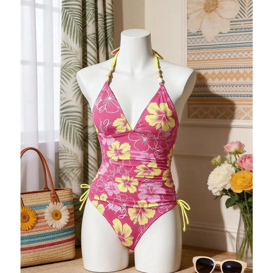 Pink Floral Bead Halter Side Lace Up Bathing Suit  Bikini Set