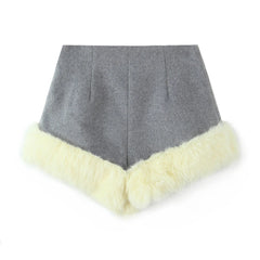 Grey Button Up Fur Trim Collar Crop Jacket And Shorts Set