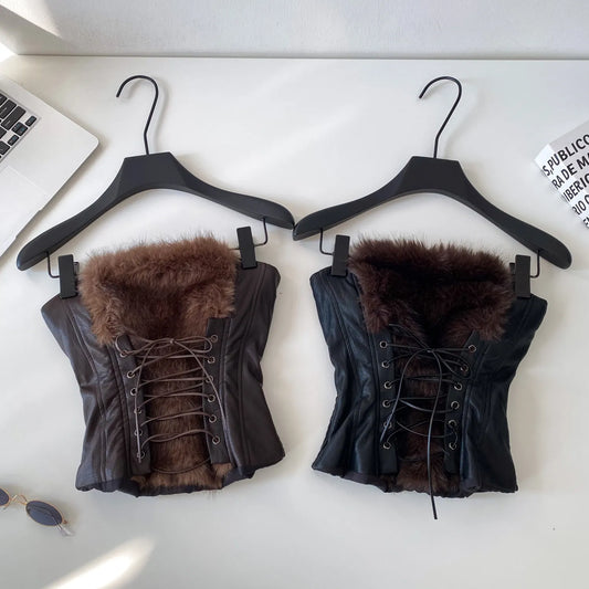 Faux Fur Leather Lace Up Strapless Smocked Crop Top