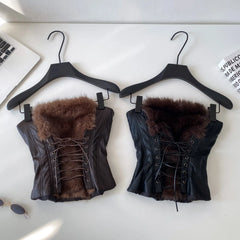 Faux Fur Leather Lace Up Strapless Smocked Crop Top