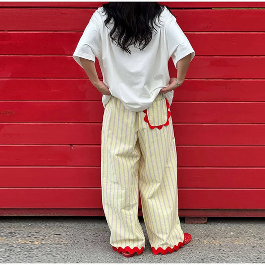 Striped Contrast Wave Cut  Wide Leg Pants