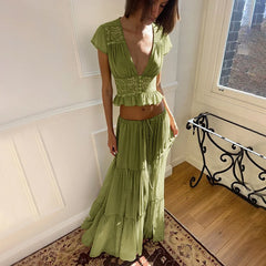 Short Sleeve Mesh Patchwork Crop Top And Maxi Skirt Matching Set