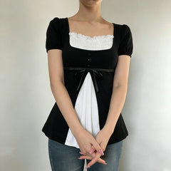 Contrast Color Square Neck Puff Sleeve Bow Babydoll Blouse