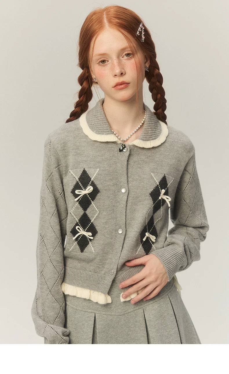 Argyle Collar Buttoned Knitted Cardigan - Free From Label