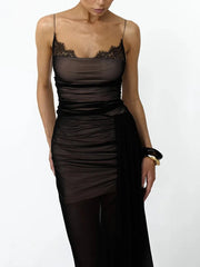 Black Mesh Spaghetti Strap Ruched Draped Maxi Dress