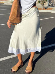 Satin Lace Trim Midi Skirt
