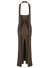 Brown Halter Neck Tie Up Folds With Neck Scarf  Long Dress